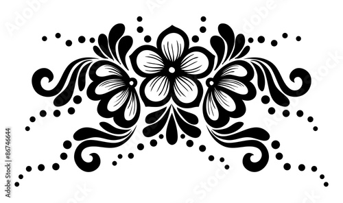 Black and white lace flowers and leaves isolated on white. Floral design element in retro style.