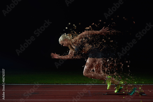 pixelated design of woman sprinter leaving starting blocks