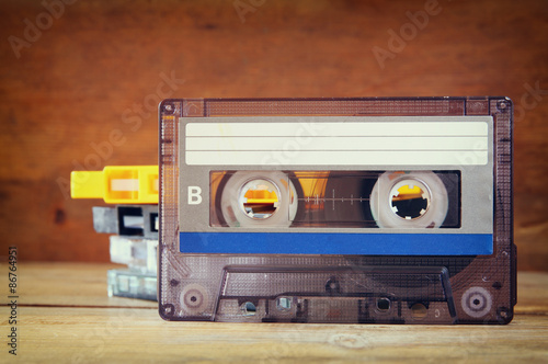 close up photo of stack of Cassette tapes . retro style image 
