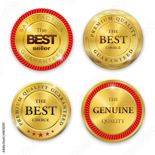 Best golden metal badges set. Round gold medal or emblems with