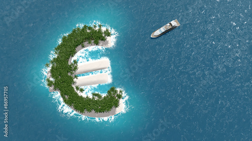 Paradis fiscal, financier ou évasion des fortunes sur un île en forme d'euro.