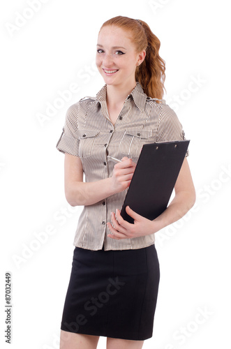 Pretty young employee with paper isolated on white