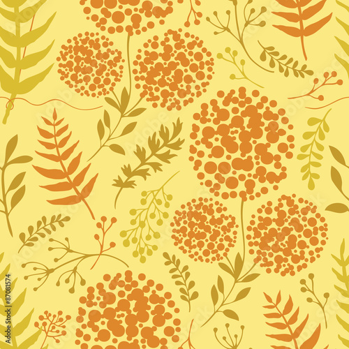 Abstract floral background with green and orange fern leaves