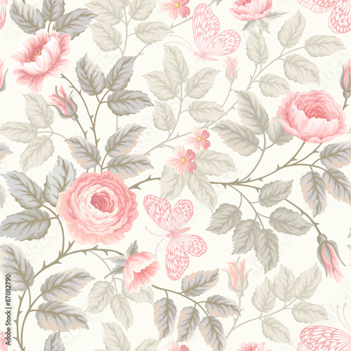 seamless floral pattern with roses and butterflies