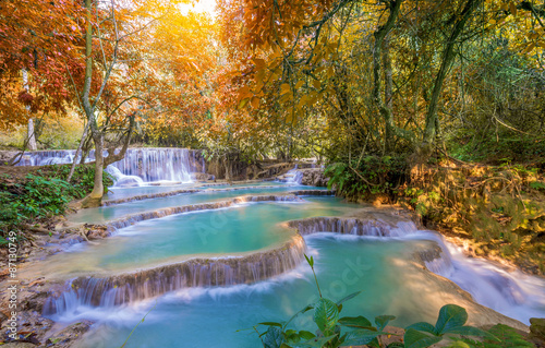 Waterfall in rain forest (Tat Kuang Si Waterfalls at Luang praba