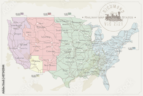 Railway map of United States in color