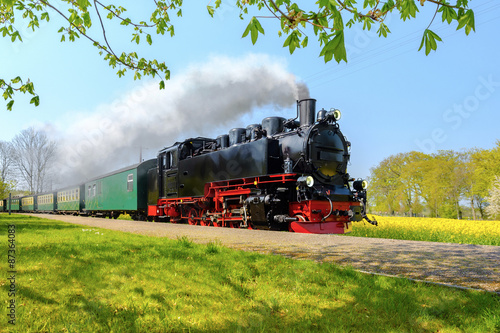Historical German steam train passes through the fields in sprin