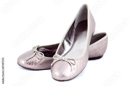 close-up isolated women silver snakeskin flat shoes 