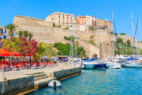 View of sailing boats and citadel with houses in Calvi port, Corsica island, France