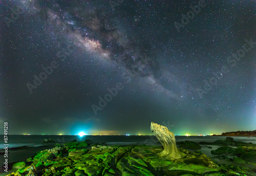 Milky Way in Ancient stone park on a summer night at 2 am, galaxies stretching giving shimmering sky in the night, beneath a rock galaxies toward accent for photos