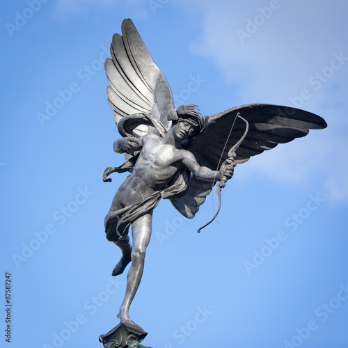 Statue of Eros, Piccadilly Circus, London. A low angle view of the familiar statue of Eros in Piccadilly Circus, London.