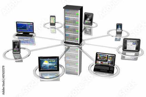 Connessione_Smartphone Tablet Pc_001 Rappresentazione simbolica di sistemi informatici, Pc, computer, tablet, smartphone collegati fra loro e ad un server centrale. 