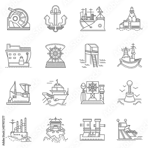 Ships and ports line icons