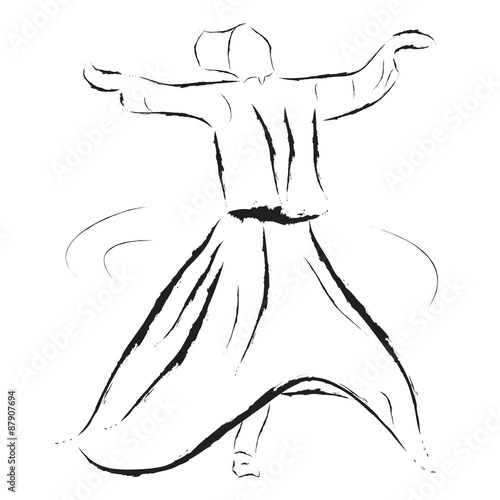 A black whirling dervish silhouette on white canvas. "Sama" is a practice of whirling as a form of dhikr, remembrance of God - Illustration