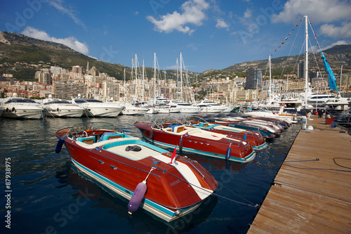 Monaco, Monte-Carlo, 25.09.2008: Yacht Show, Port Hercule, luxury yachts in harbor of Monaco, Etats-Uni, Piscine, Hirondelle, riva boats parking