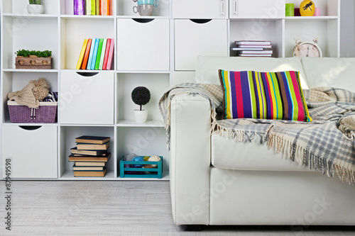 White living room with sofa and bookcase