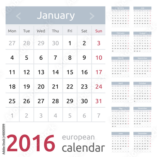Simple european 2016 year vector calendar