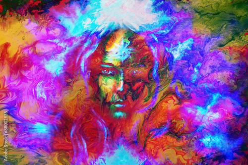 mystic face women, with color background collage. eye contact .