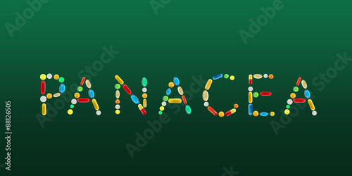 The word Panacea made with pills on green background