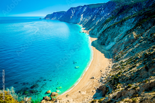 Famous Platia Ammos beach in Kefalonia island, Greece. The beach was affected by the earthquake in the spring of 2014 and it is very difficult to go down on the beach.