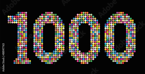 Number 1000 consisting of exactly one thousand colorful particles such as marbles, beads or balls - isolated vector illustration on black background.
