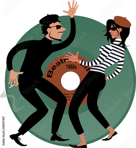 Beatnik couple dancing, vinyl record on the background, vector cartoon, EPS 8