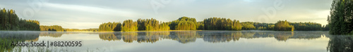 panorama view of the calm lake shore in Europe with fog, reflection of trees and greenery at dawn