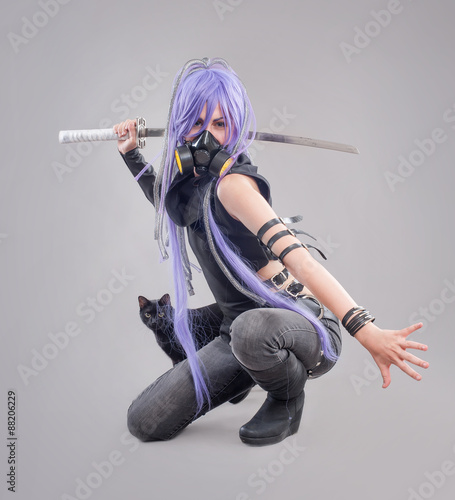 Female fantasy warrior / Female warrior with sword and gas mask isolated on the gray background