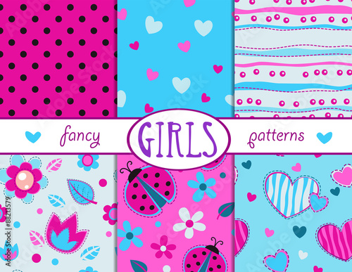 Cute girlish seamless patterns set