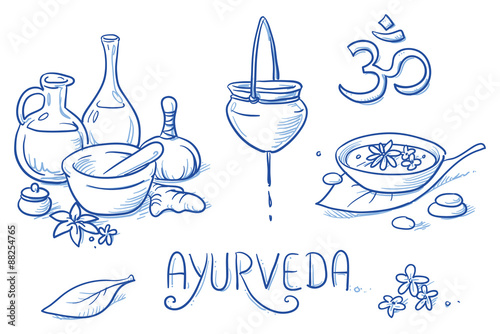 Icon item set ayurveda wellness, spa, with oil bottles, ingredients, water bowl, oil treatment. Hand drawn doodle vector illustration.