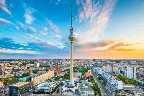 Berlin skyline panorama with TV tower at sunset, Germany