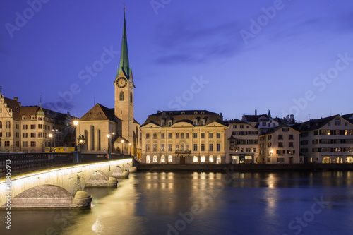 Limmat riverside with famous church, Zurich