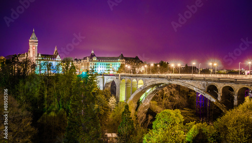 Night view over bridge leading to place de metz, luxembourg.