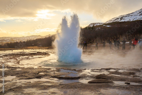 The Strokkur geyser in Iceland is erupting