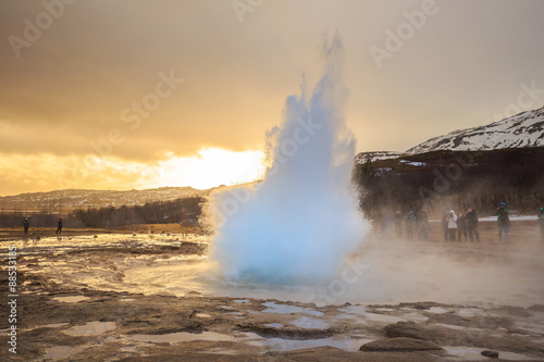 The Strokkur geyser in Iceland is erupting