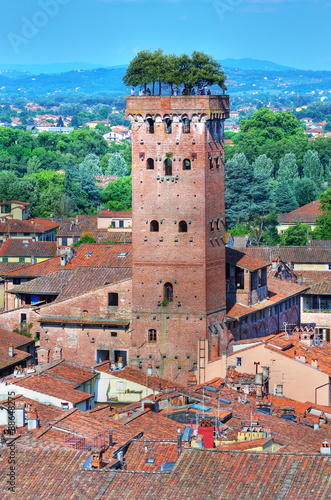 Scenic view of Lucca and Guinigi tower from Torre delle Ore, Lucca, Italy 