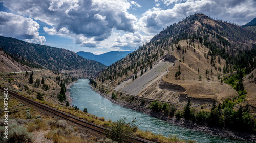 The Fraser River as it winds its way through the Fraser Canyon to the Pacific Ocean. The canyon is an important corridor for both rail and truck/car traffic to the west coast