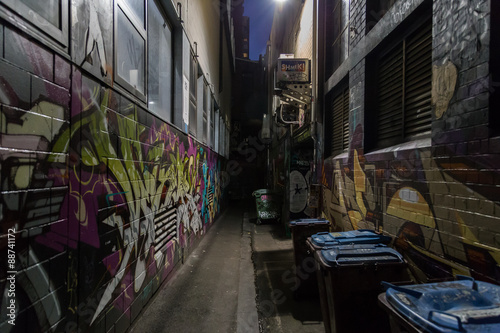 Melbourne, Australia - April 21, 2015: Graffitis on the walls in a dark alleyway of Melbourne.