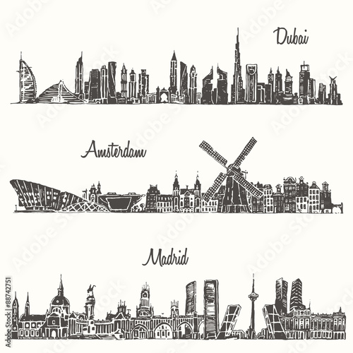 Set skylines Dubai Madrid Amsterdam drawn sketch