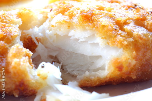 Battered fish. Close-up of a battered haddock fillet.