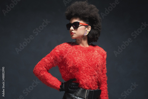 Woman in Fuzzy Long Sleeved Shirt with Shades