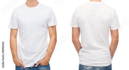 close up of young man in blank white t-shirt