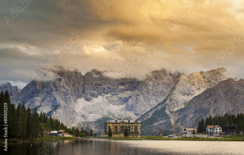 Sunset clouds over Misurina Lake in the Dolomites