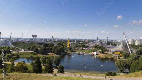 Bright blue sky on a sunny day in Olympiapark in Munich, Germany. Famous landmark