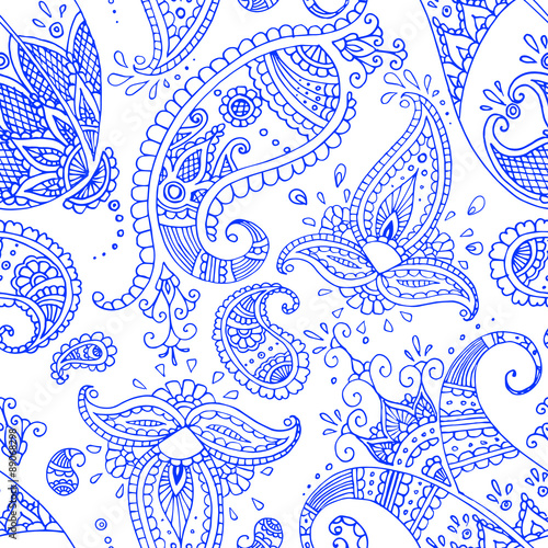 Navy blue paisley orient seamless pattern on the white background