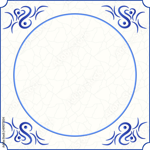 Original design of a traditional delft blue tile with abstract illustration in shades of blue, cream and grey grunge background and room for text, image or photo, vector, eps 10