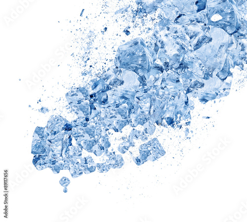 Abstract blue Ice crash explosion parts on white background. Collision, suspension crystal ice cubes damage.