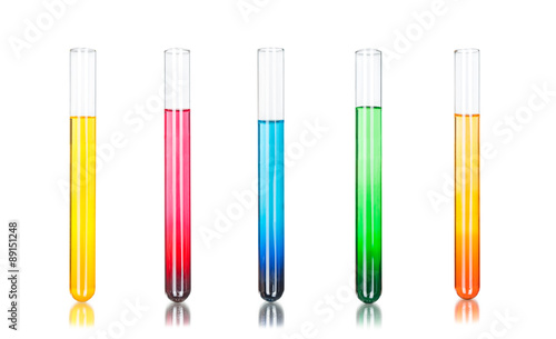 Colored liquids in five test tubes isolated over white backgroun