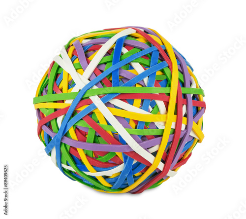 rubber ball out of many colorful elastic bands isolated on white background,