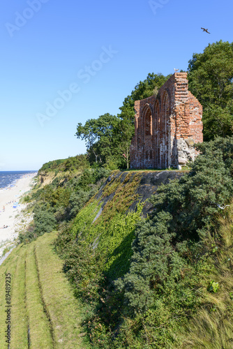 Ruins of gothic church from 14/15th century located in Trzesacz near the Baltic Sea. Currently, remained only fragment of southern wall. Trzesacz village, Poland, Europe.